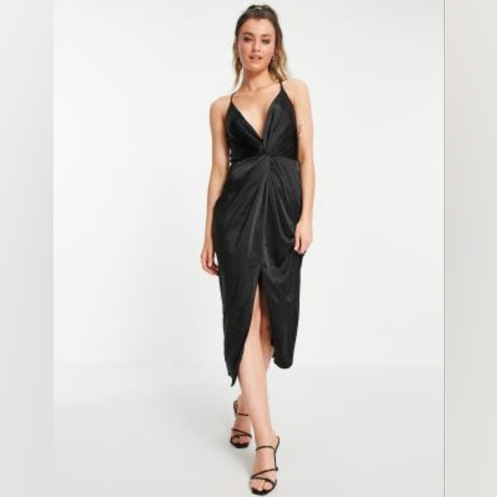 Liquorish satin halterneck midi dress in black / size 6